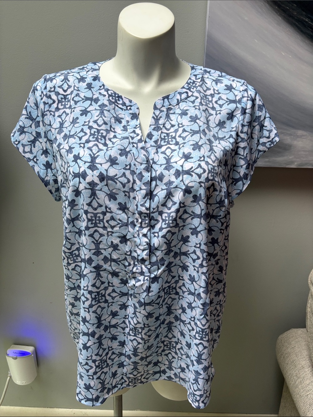 croft & barrow Light Blue and Navy Patterned Short-Sleeve Henley Blouse